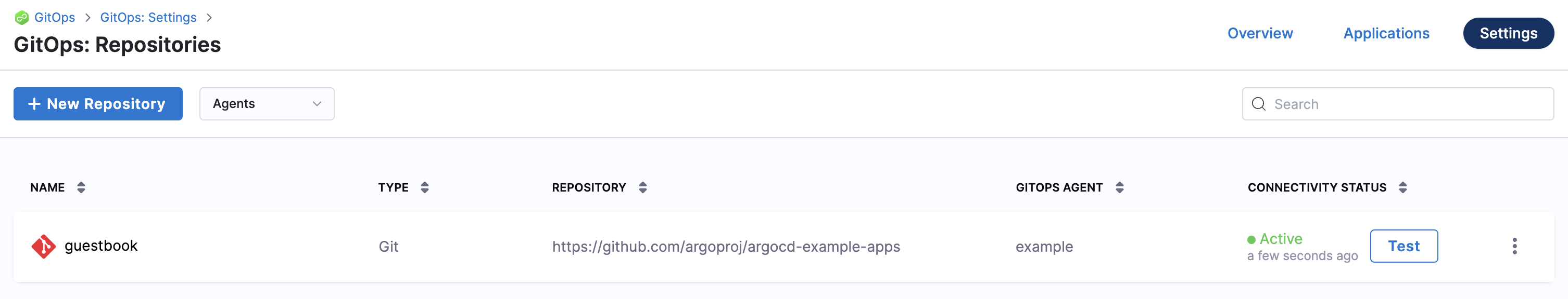 Screenshot of the GitOps Repositories list showing the newly created guestbook repository