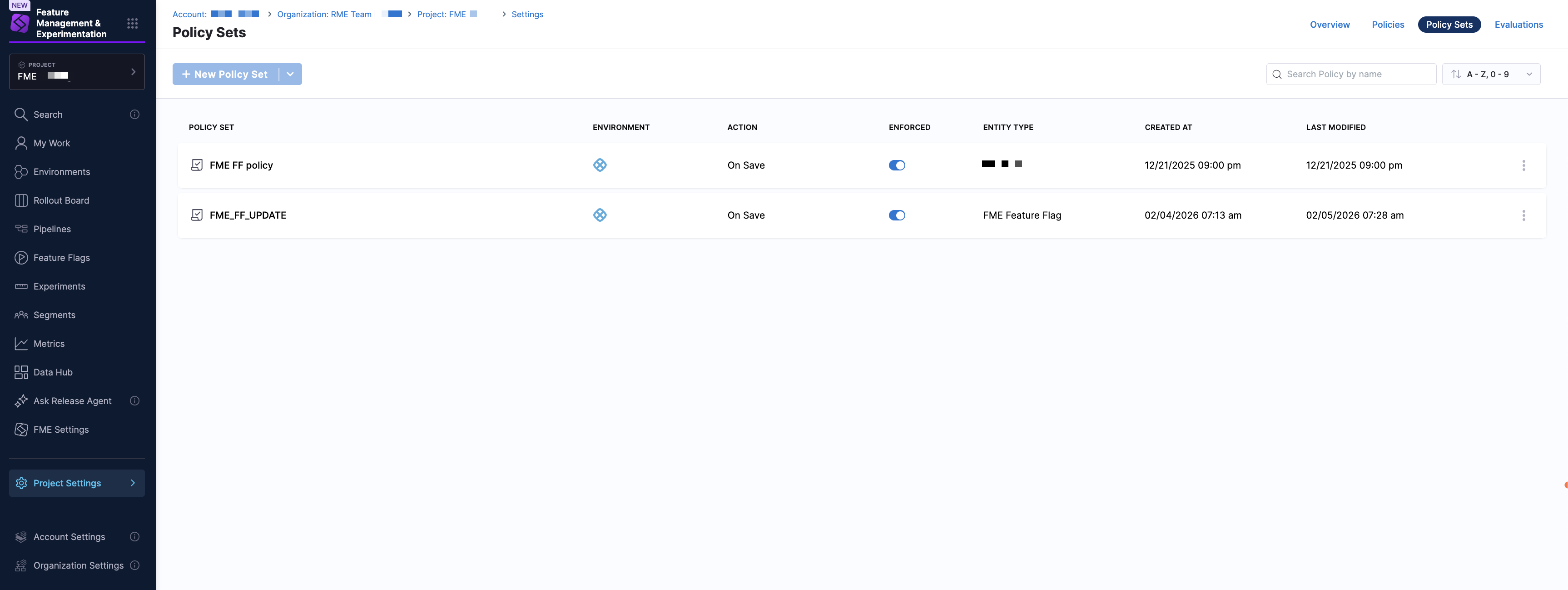 Policy sets list view