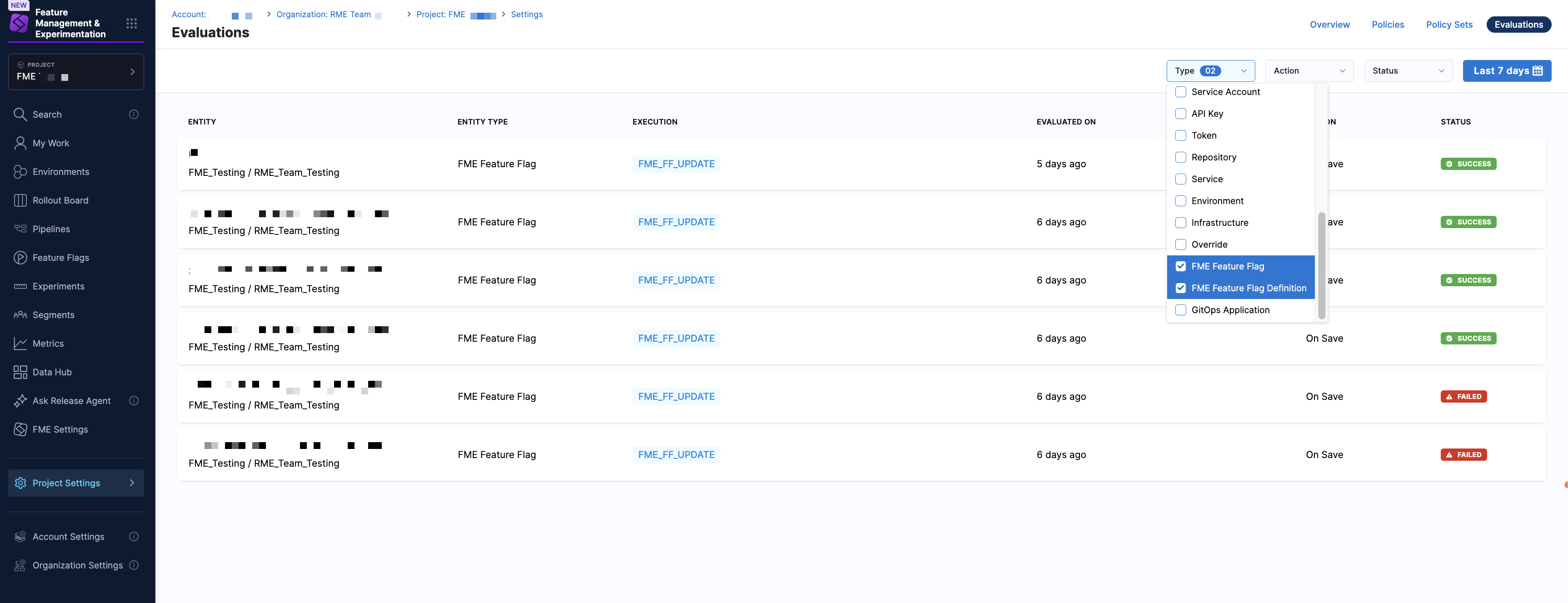 Evaluations filtered by entity type